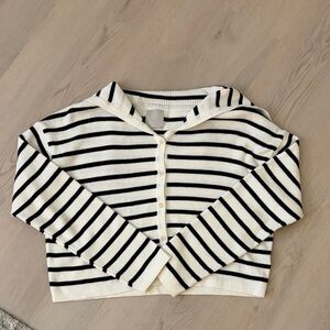 Korean Brand Striped Sailor Button-Front Crop Sweater - Black & Cream